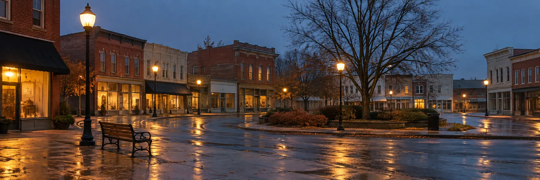 A small-town square at dusk in late autumn: the street lamps just lit, warm windows in the brick storefronts, a bare tree, the blue-hour sky, wet pavement reflecting the lamps, a bench under a lamp.