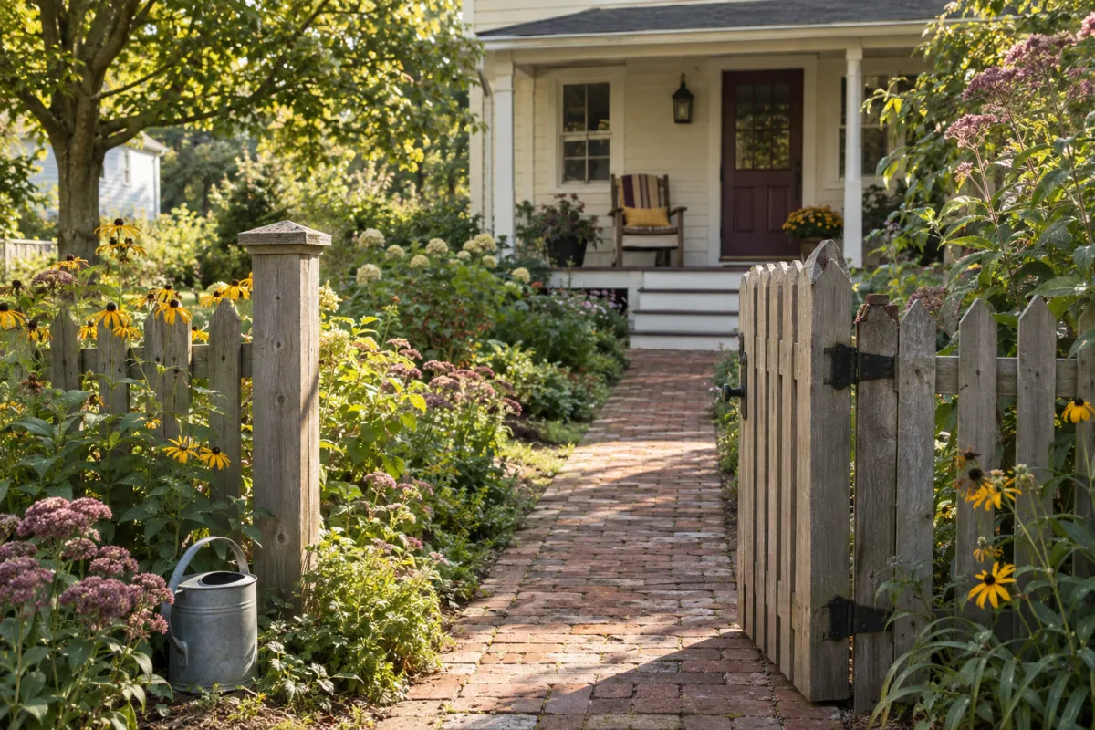 A wooden garden gate standing open in a low picket fence, a brick path leading up to a modest house, late-summer perennials on both sides, a watering can by the gate post, morning light.