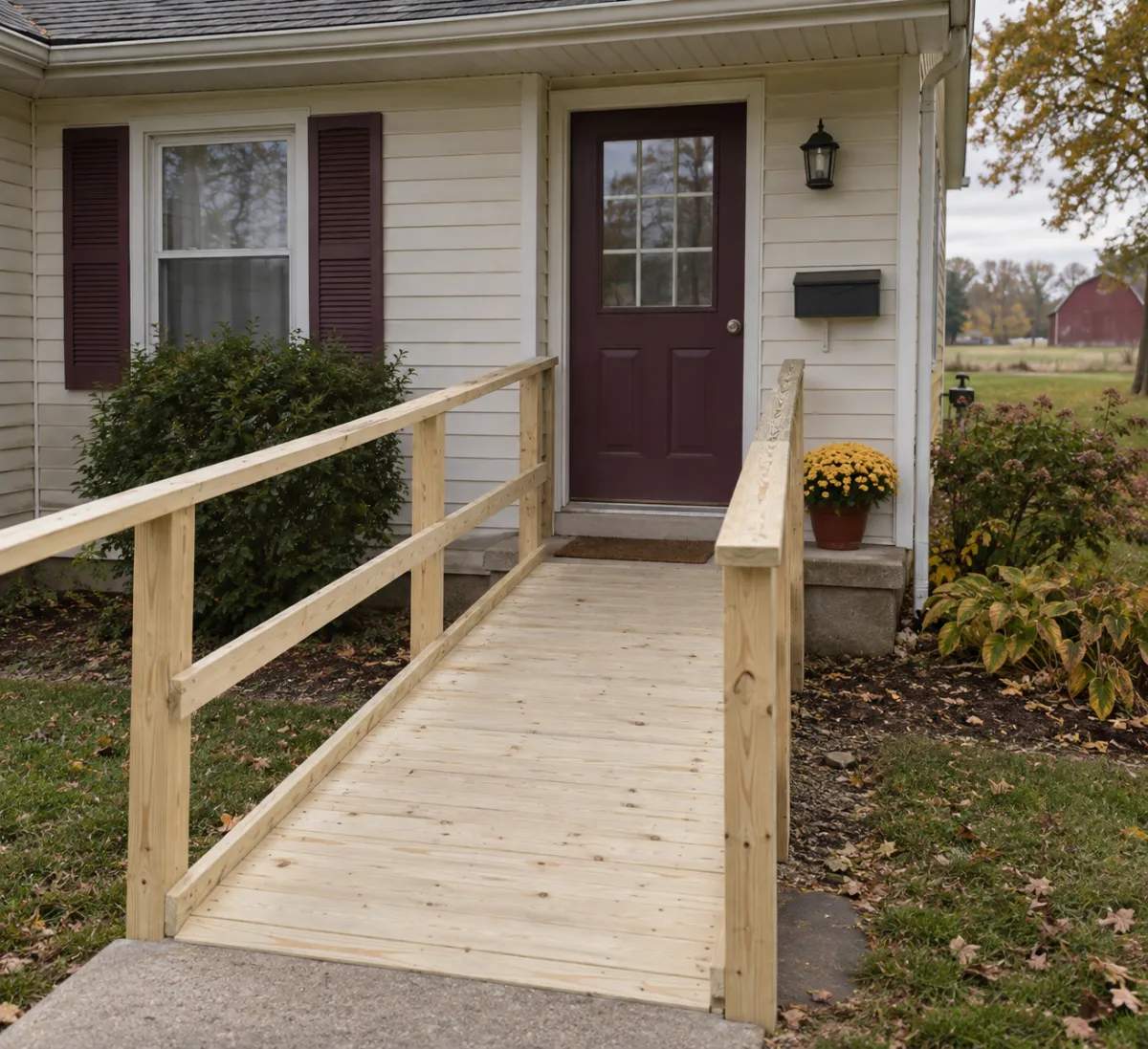 The front door of a small single-storey house with a newly built pale wooden wheelchair ramp and handrail, a doormat, a potted mum on the step, a mailbox with no name.