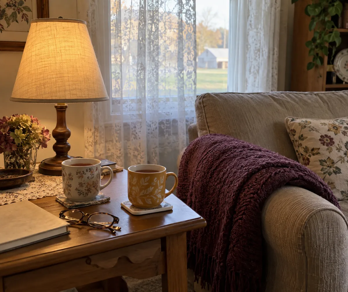 Two mugs of tea on a side table beside a sofa, a folded plum knitted blanket over the sofa arm, reading glasses, a lit table lamp, net curtains and afternoon light.