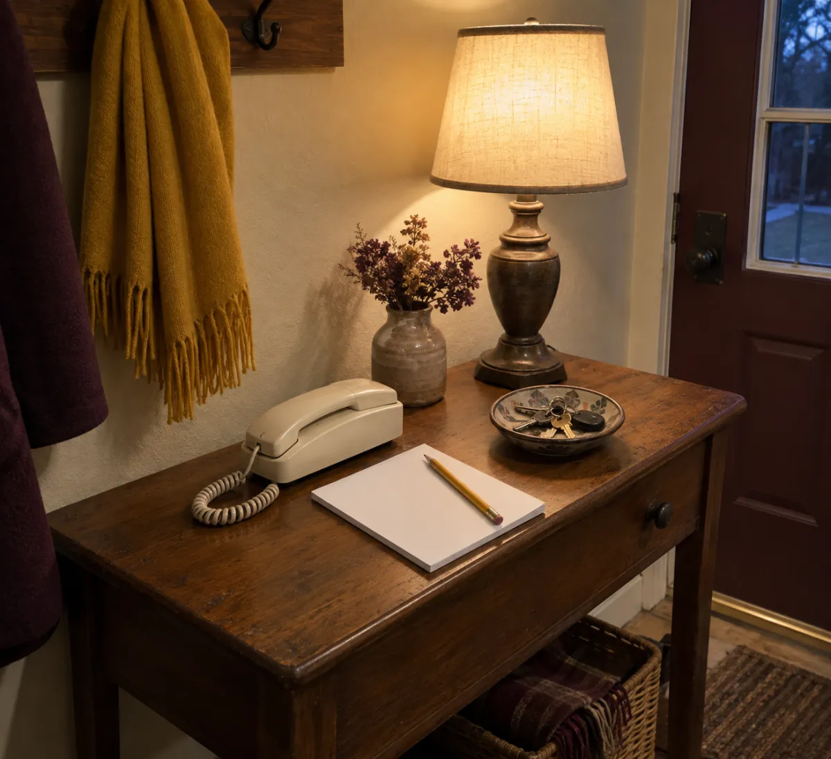 A hall table by a front door: a corded landline telephone, a lamp switched on, a blank notepad and pencil, a dish of keys, a mustard scarf on the coat hook above.