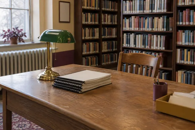 A reading table in a small-town public library with a green-shaded lamp and a stack of blank-covered booklets.