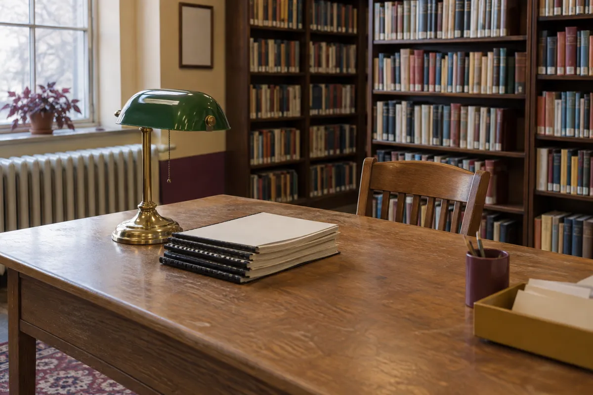 A reading table in a small-town public library: a green-shaded brass lamp, a neat stack of comb-bound booklets with blank cream covers, a wooden chair pushed in, tall shelves of books, a window with morning light.