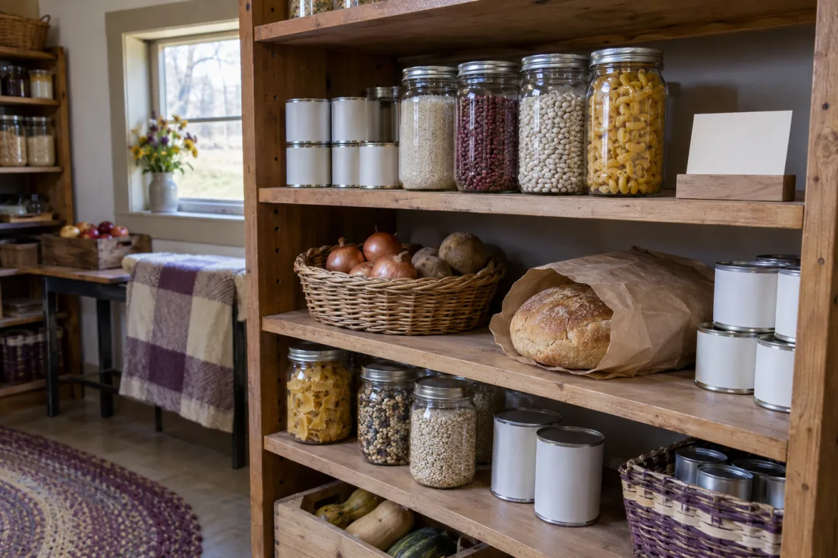 The tidy shelves of a small church food pantry: glass jars of dried beans, rice and pasta, a basket of onions and potatoes, cans with plain blank labels, a loaf of bread in a paper bag, wooden shelving and a small window.