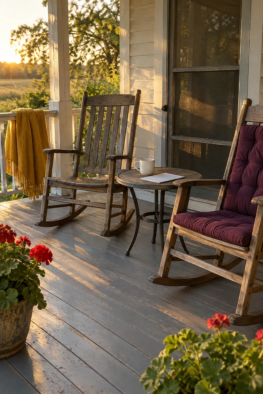 A front porch in the last hour of evening light: two wooden rocking chairs, one with a plum cushion, a small round table with a mug and a folded sheet of blank paper, a mustard throw over the rail, geraniums on the painted boards.