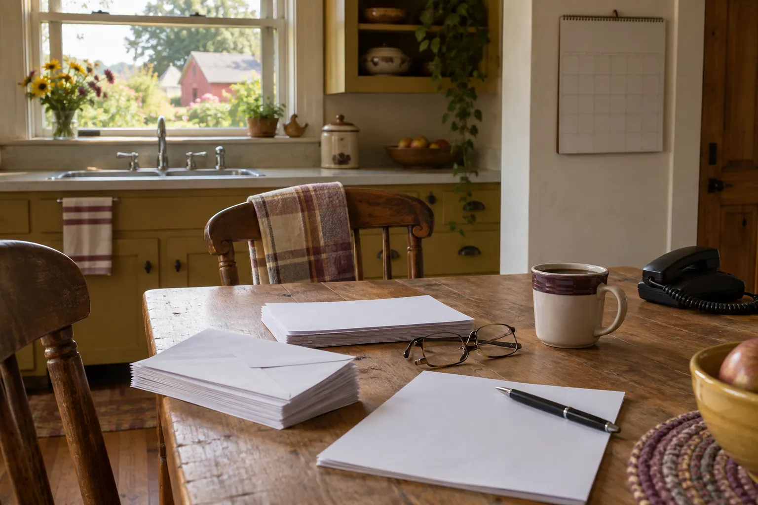 A farmhouse kitchen table in morning light: a stack of blank envelopes, a pen on a blank form, reading glasses, a mug of coffee, a corded phone handset, and a paper calendar on the wall.