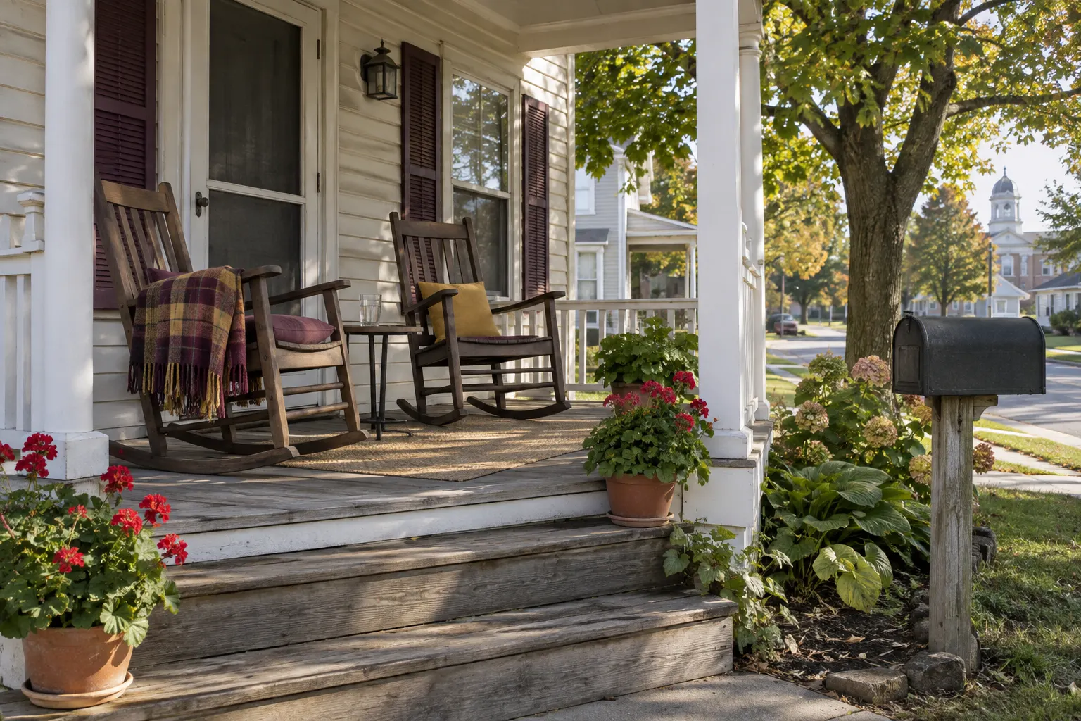 The front porch of a small clapboard house: two wooden rocking chairs with a folded plaid blanket, a small table, potted geraniums on the steps, a screen door and a mailbox with no name, under a maple in afternoon light.