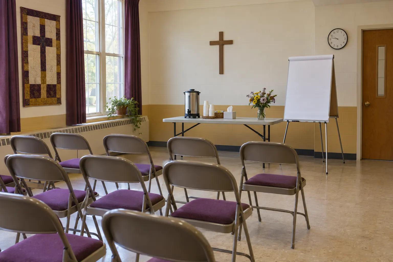 A plain church fellowship hall set up before a class: rows of folding chairs with purple seats, a table at the front with a coffee urn, paper cups and a box of tissues, a blank flip chart on an easel, tall windows with plain curtains.