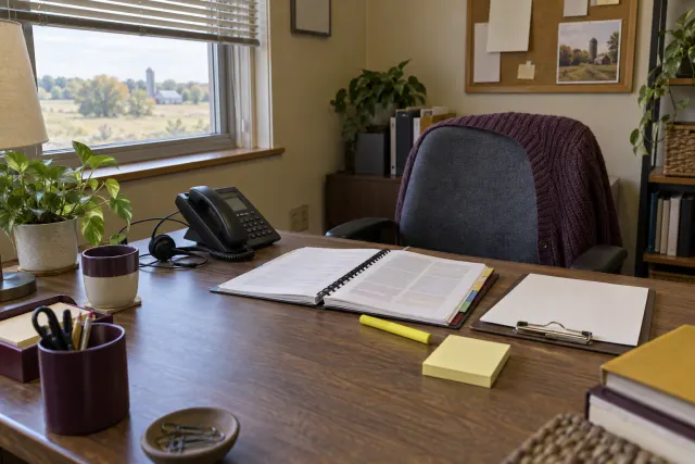 The resource navigator&rsquo;s desk: a corded phone with a headset, a comb-bound printed directory open to a page too small to read, a clipboard and a highlighter.
