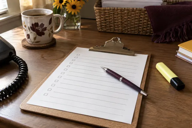 A clipboard holding a blank printed call sheet with empty ruled lines and tick boxes, a pen across it, a yellow highlighter and a coiled telephone cord.