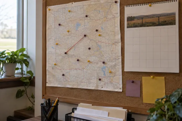 A paper county road map pinned to a corkboard with plum and mustard push pins and a length of red string, a calendar with empty squares beside it.