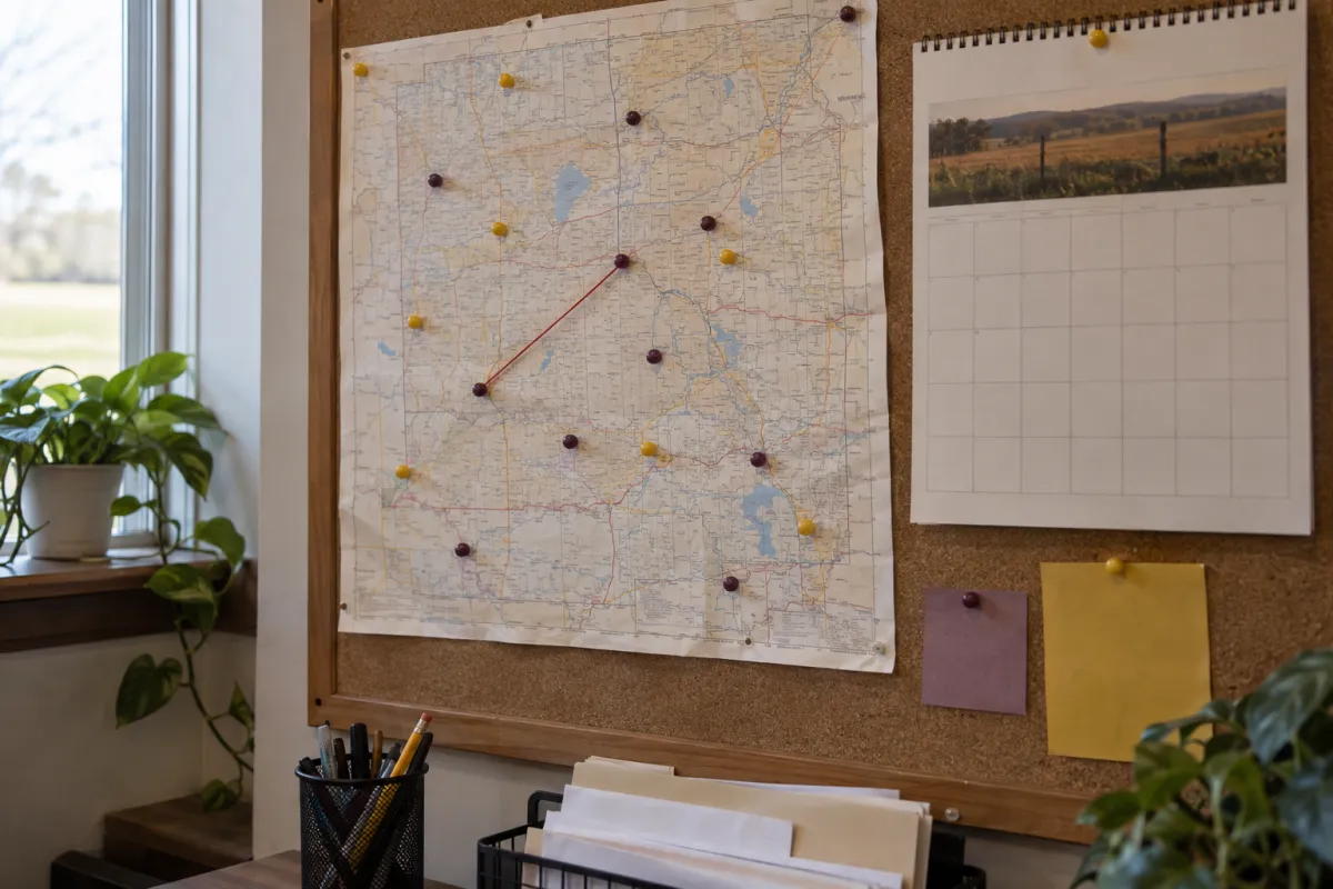 A paper county road map pinned to a corkboard with plum and mustard push pins and a length of red string between two of them, the lettering too small to read, a calendar with empty squares beside it.